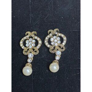 Gold Tone Crystal Pearl Dangle Earrings